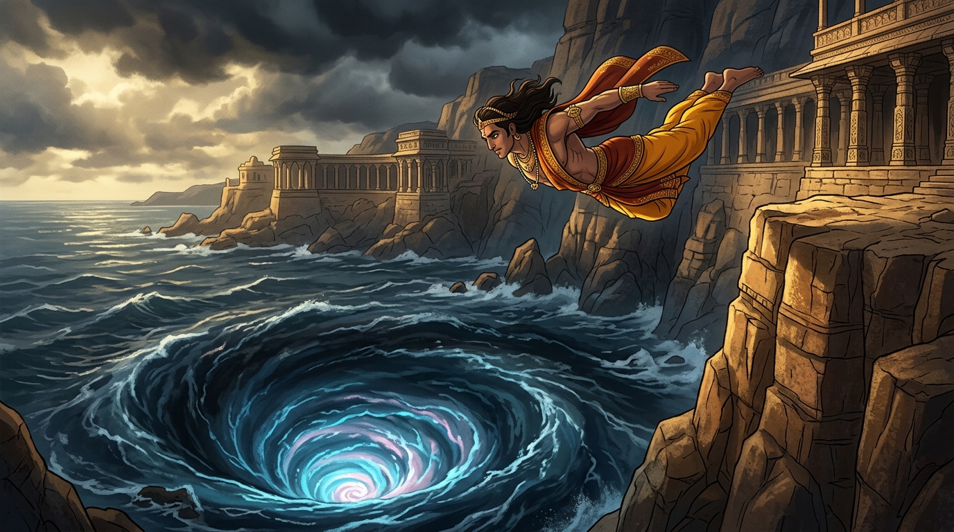 Vikramaditya leaps fearlessly from the highest ocean cliff, diving straight into the black vortex