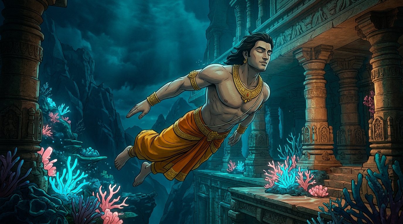 Using yogic Jala-Stambhana water-suspension breath control, Vikramaditya swims gracefully
