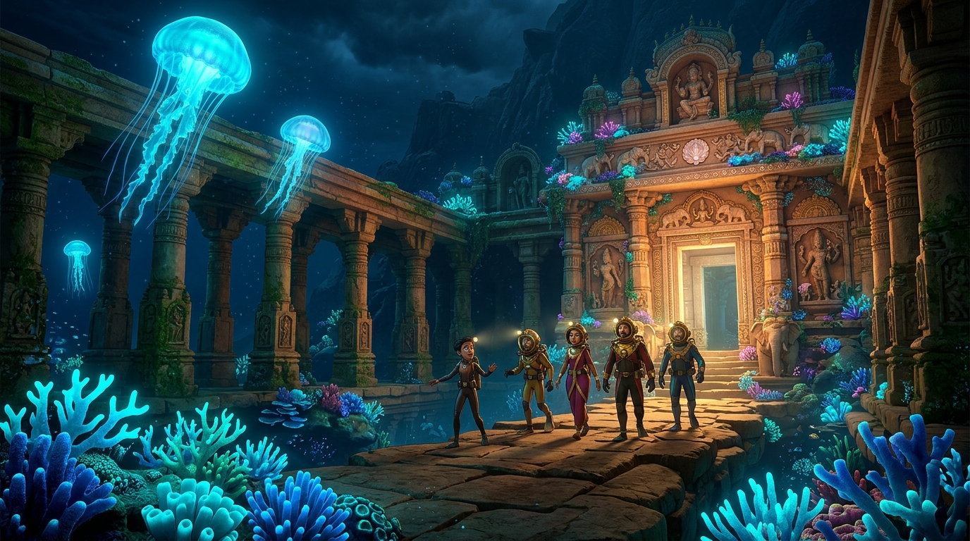 Deep underwater, glowing bioluminescent coral reefs and ancient submerged temple colonnades appear