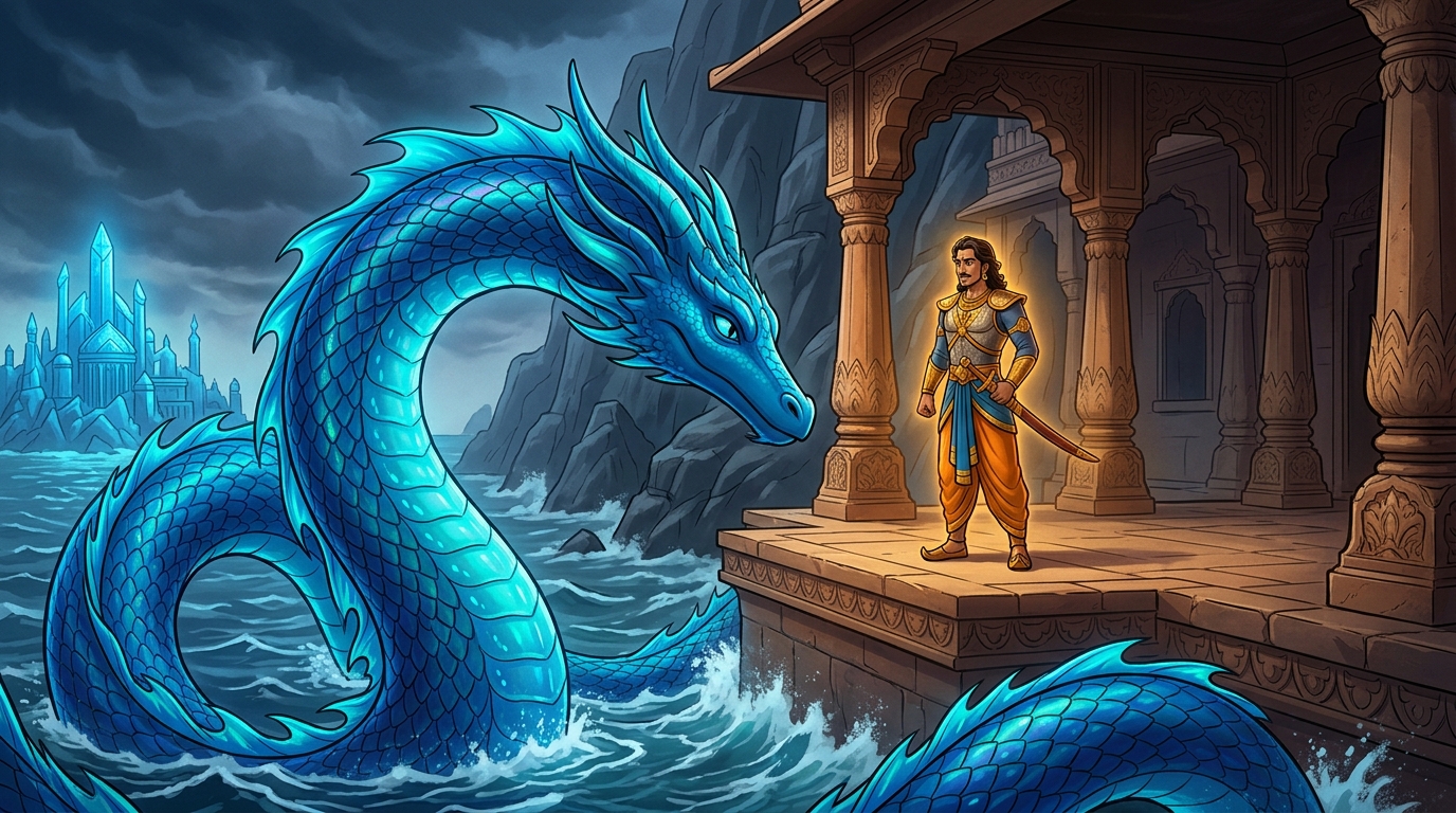 A giant celestial Makara sea-beast circles the King, but bows to Vikramaditya's calm aura
