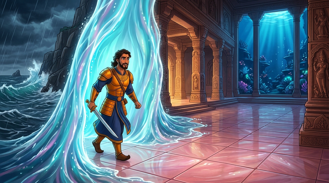 Vikramaditya breaches the glowing water barrier, stepping onto the pearl-paved floor