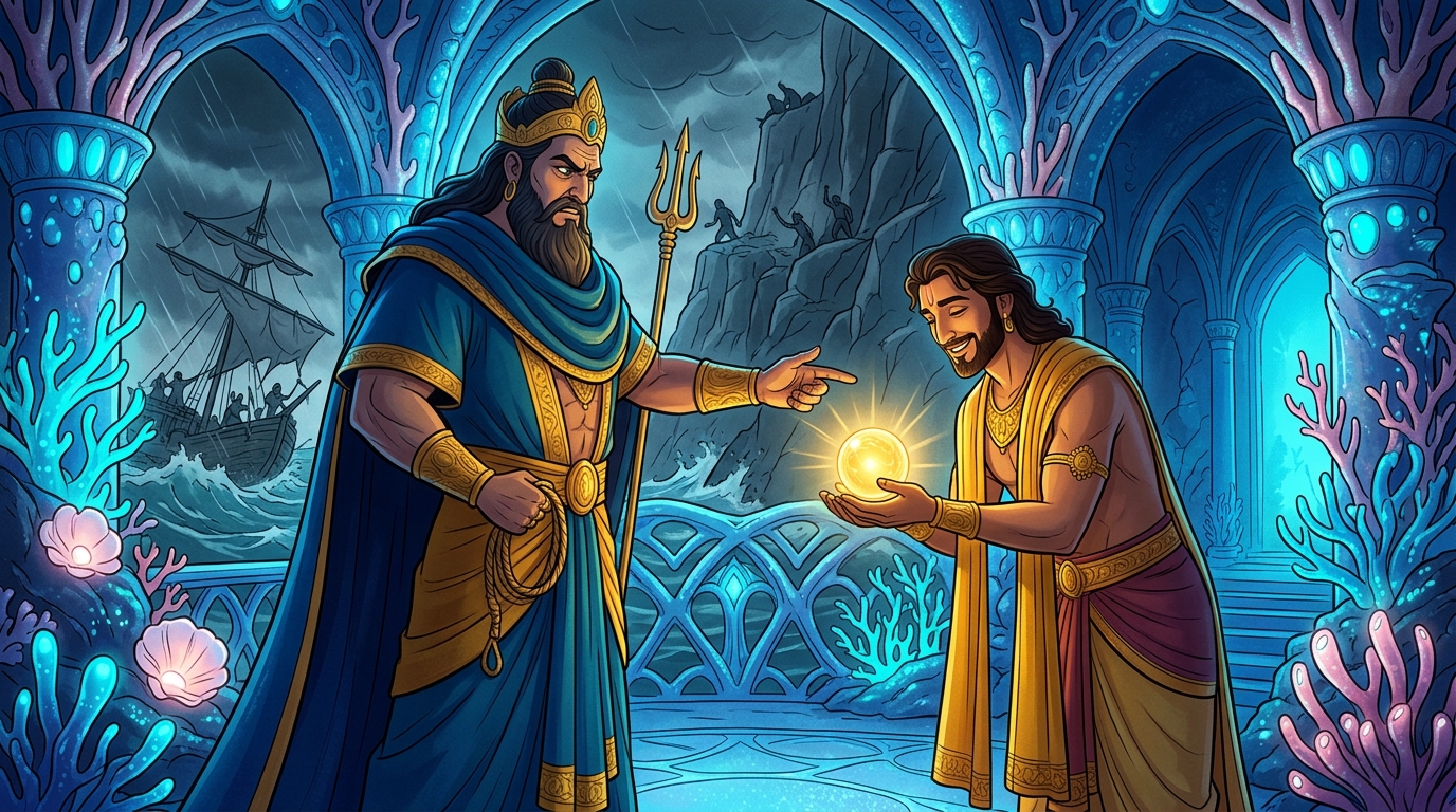 Third Trial: Varuna demands Vikramaditya's mortal breath; the Emperor smiles, offering his life