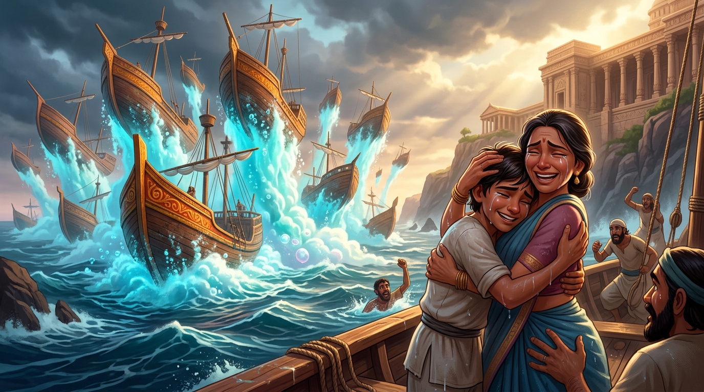 All three hundred sunken ships and young Devadasa rise safely to the surface upon ocean foam