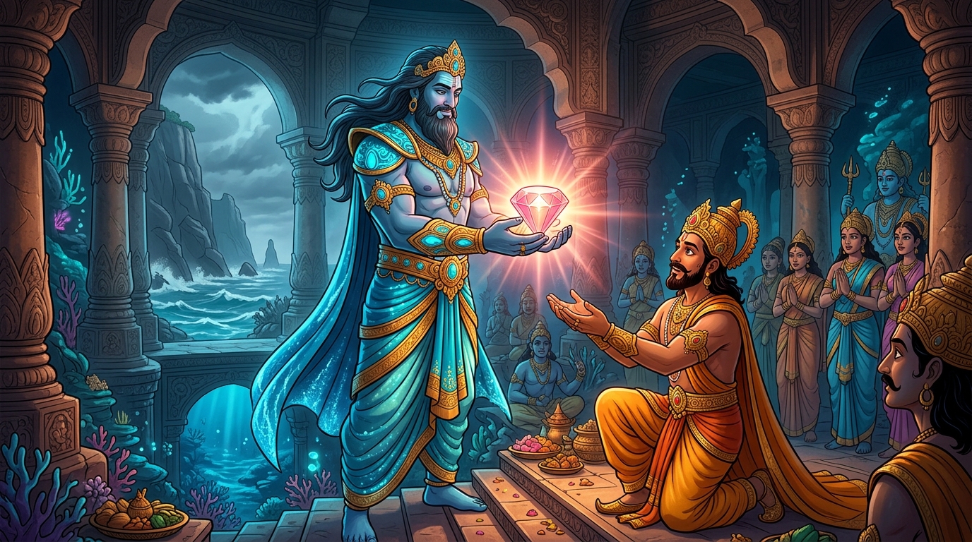 Varuna presents Vikramaditya with the radiant wish-granting Chintamani-Ratna