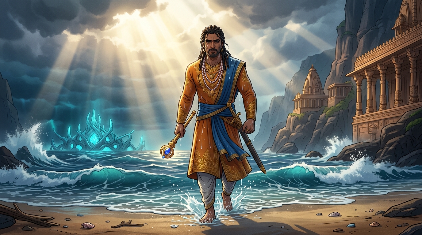 Vikramaditya steps out of the surf onto the beach of Sopara as the sun breaks through