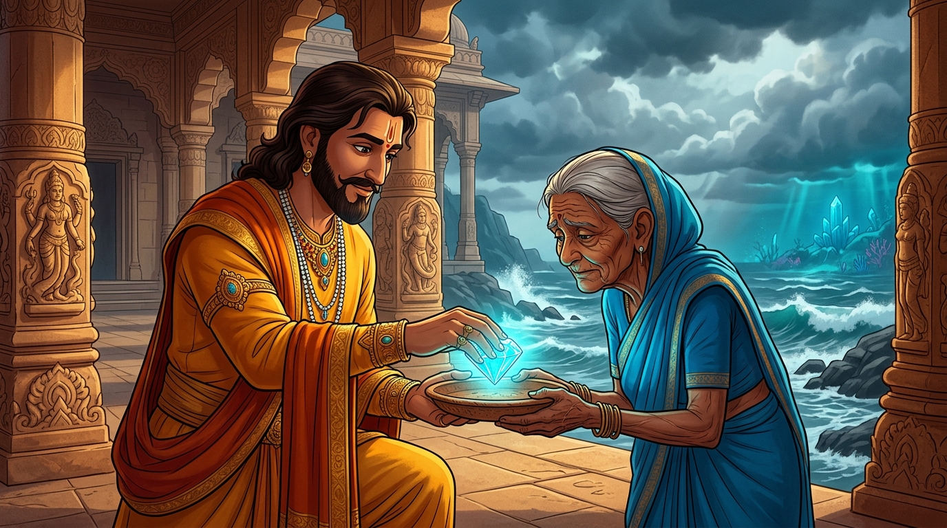 Vikramaditya places the priceless Chintamani-Ratna directly into the widow's clay plate