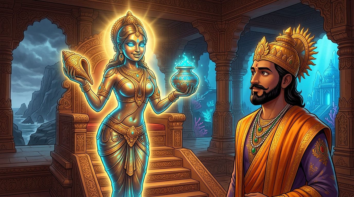 Back in Dharanagari palace, Premavati looks directly at King Bhoja with ocean-sapphire eyes