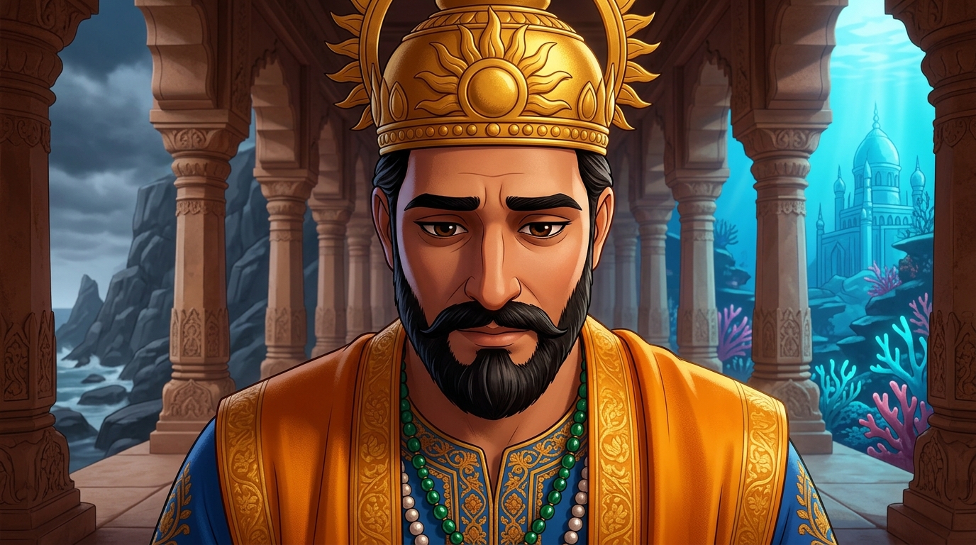 King Bhoja lowers his head in deep humility and introspection, acknowledging Vikramaditya's love