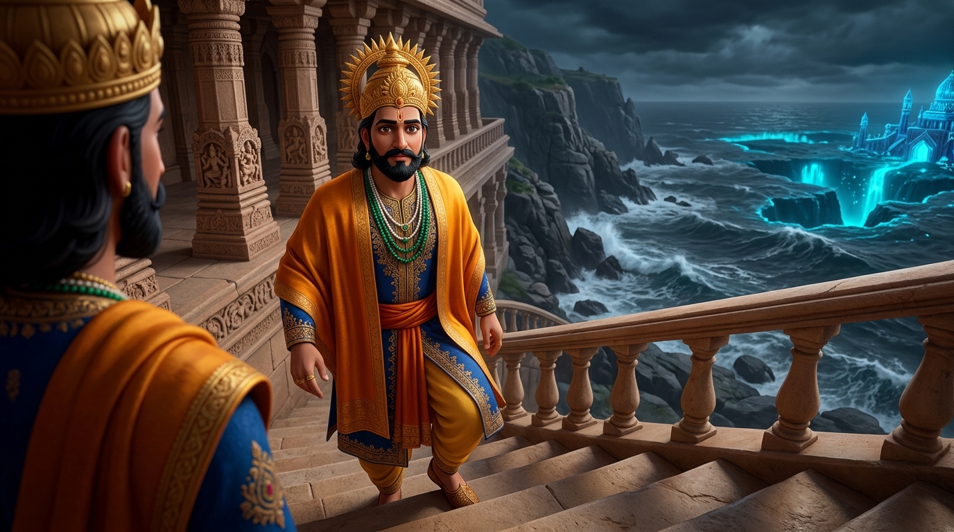 King Bhoja steps down from the twenty-fifth step, ordering maritime rescue funds established