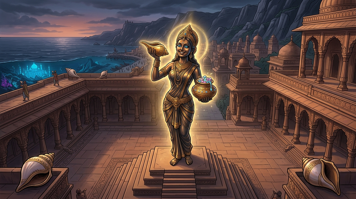 Twilight conches echo across Dharanagari as Premavati smiles and freezes back into silent bronze