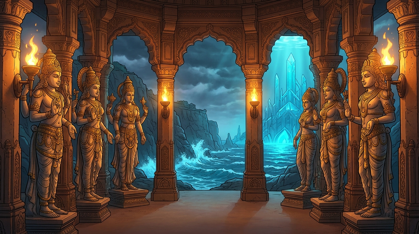 The remaining seven celestial statues gleam in the evening torchlight, awaiting Season 4 progress