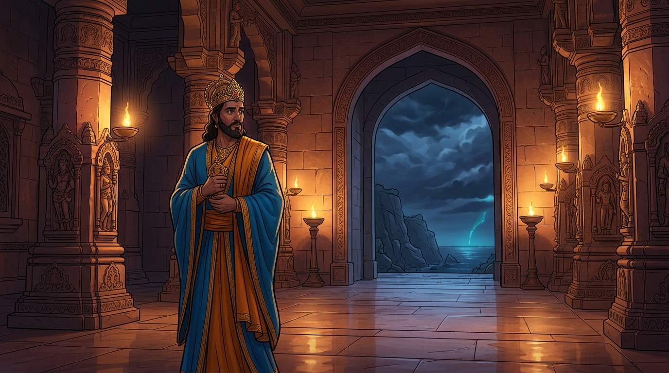 King Bhoja departs the throne hall in quiet contemplation, inspired by Vikramaditya's love