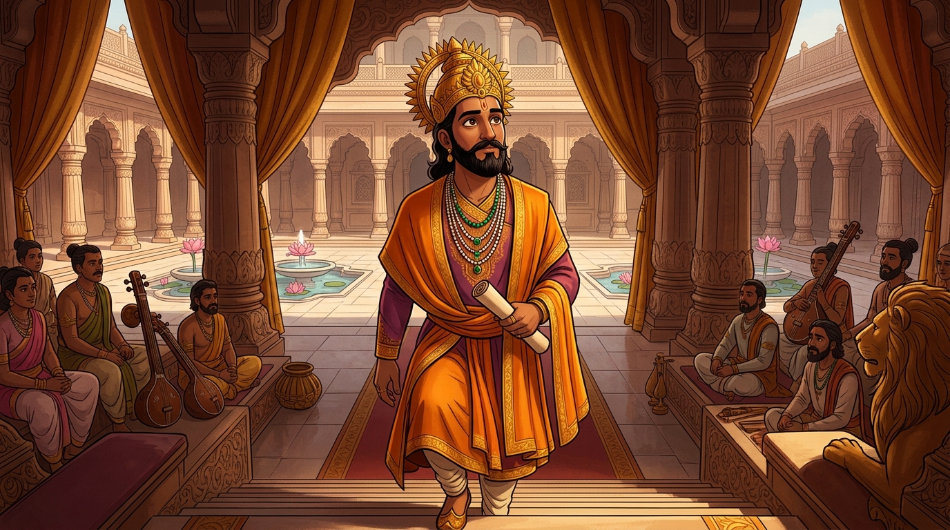King Bhoja in sacred saffron silks approaches the twenty-sixth step of the throne