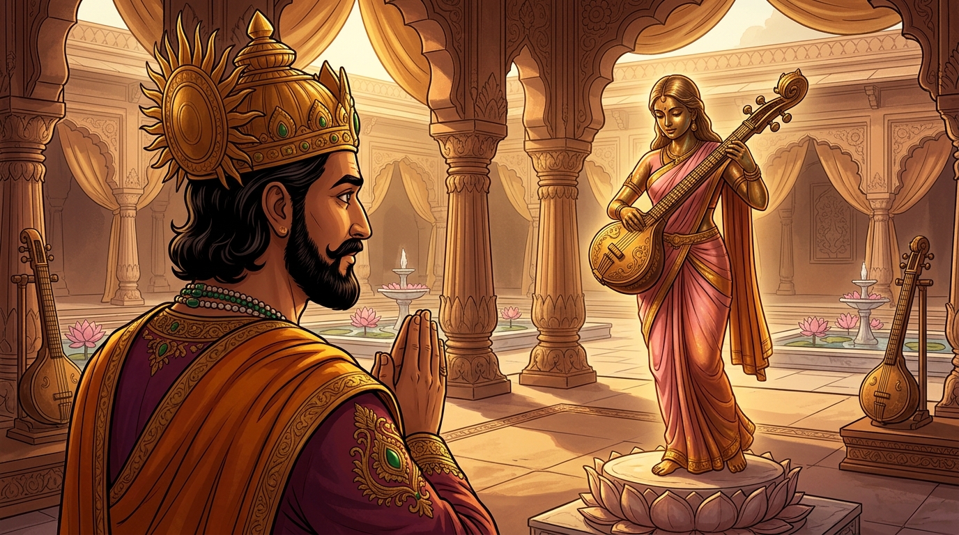 King Bhoja halts in deep reverence with folded hands, gazing at the living bronze maiden