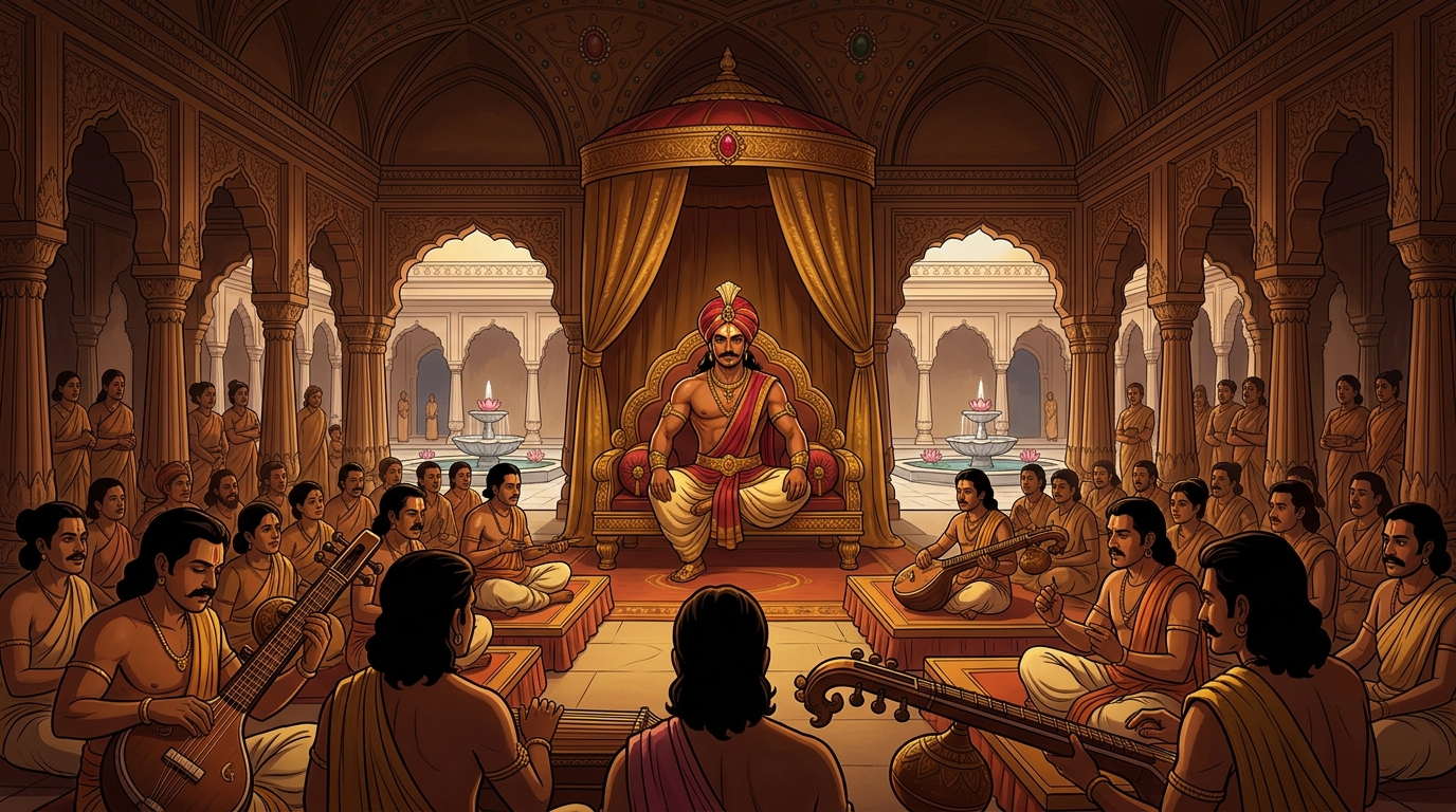 In the jewel-vaulted palace hall of ancient Ujjayini, Vikramaditya presides over the music conclave
