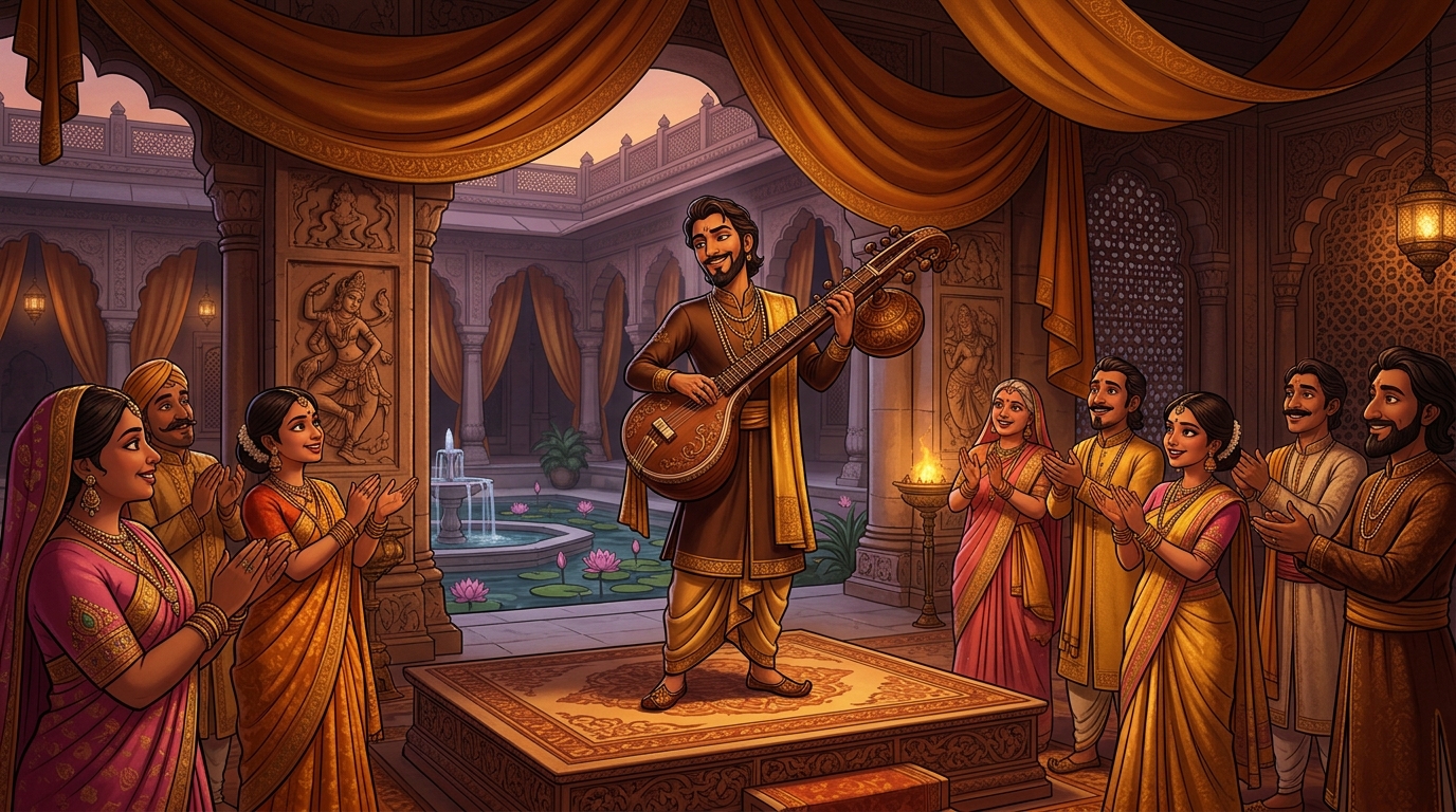 Wealthy courtiers nod in flattery, praising the court musician's dazzling display
