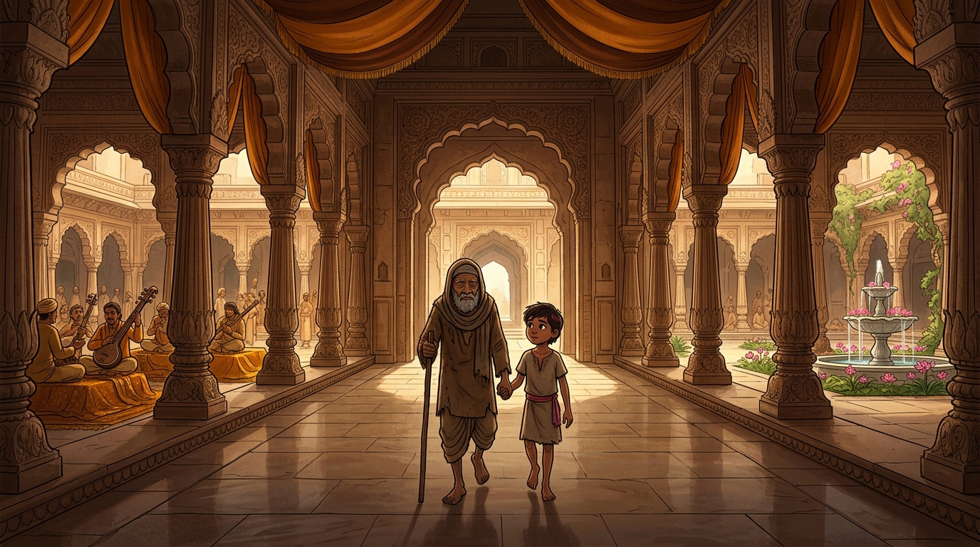 At the far end of the hall, an old blind man in coarse cotton rags enters, guided by an orphan boy