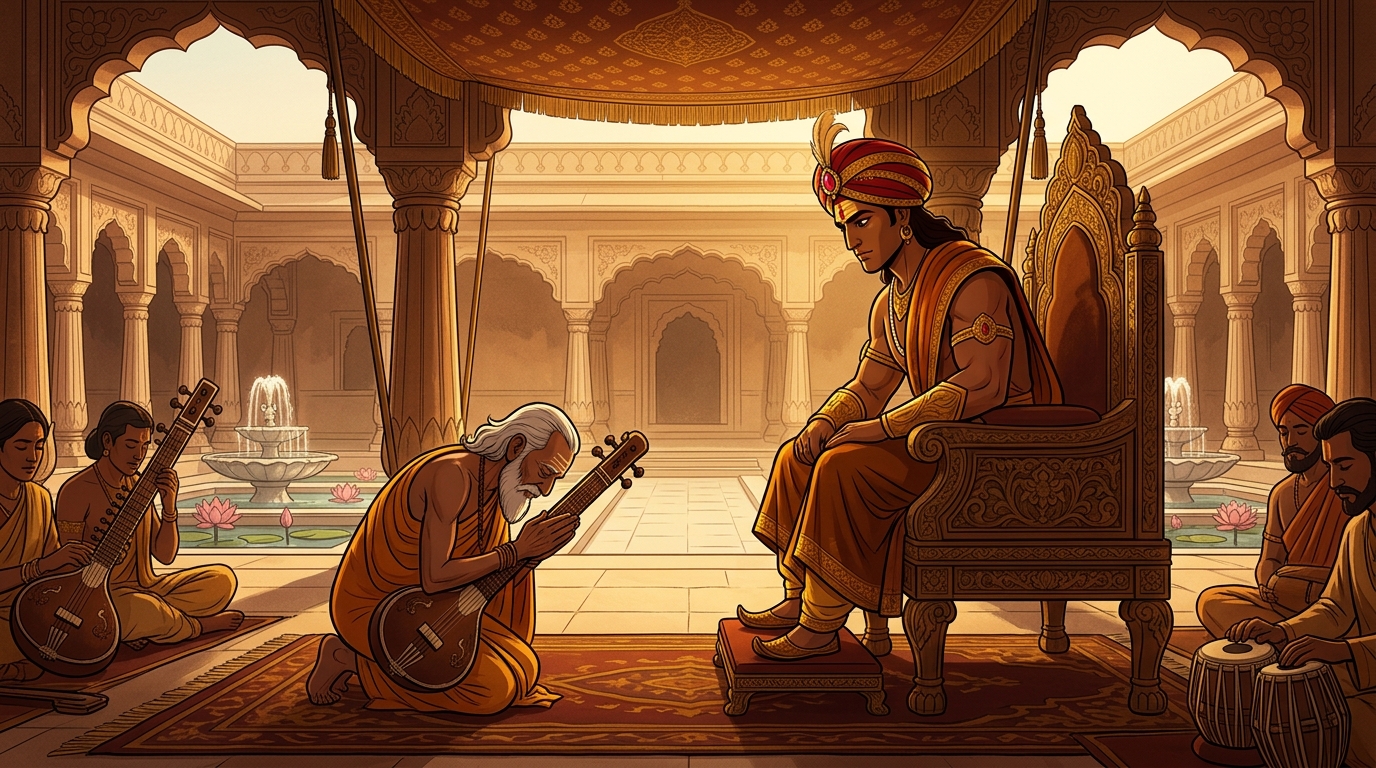 The blind master bows peacefully before Vikramaditya: 'Music is the soul's prayer to the divine!'