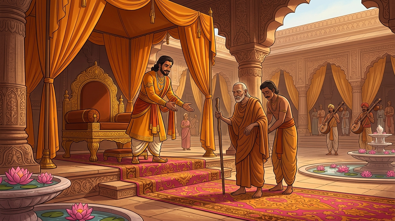 Vikramaditya rises from his throne, personally inviting the blind master to the center carpet
