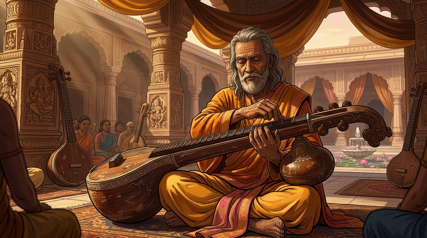 The blind master gently tunes his weathered wooden veena with calloused fingers