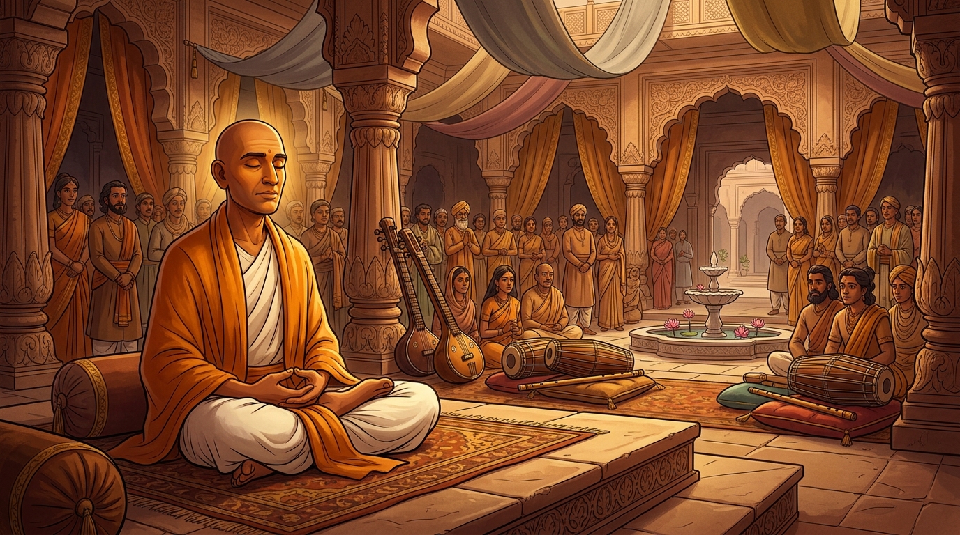 The hall falls completely silent as the blind saint closes his eyes in meditative prayer
