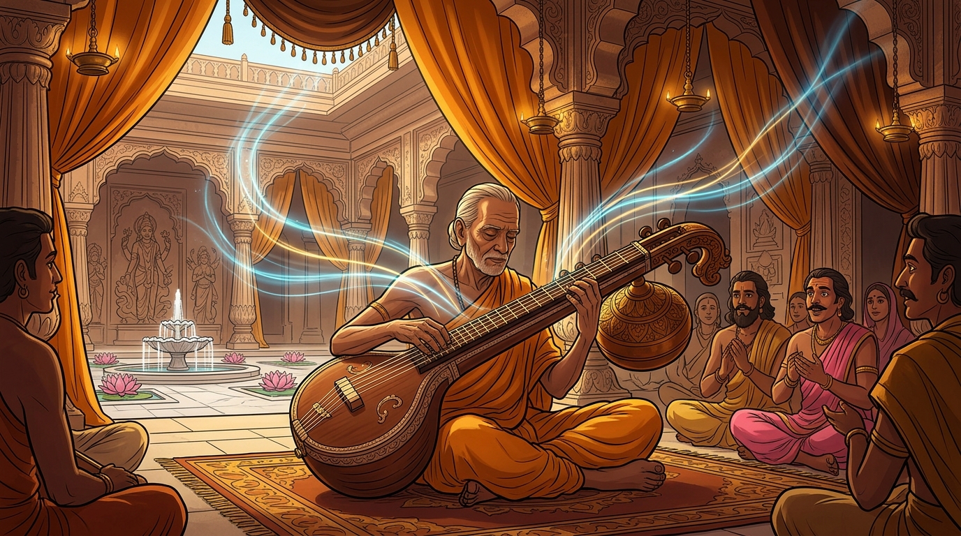 The blind master plucks the veena; divine melodies of Raga Meghamalhar fill the hall