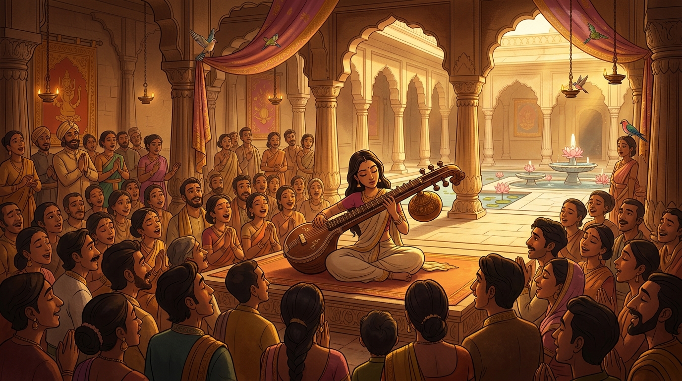 The entire assembly, courtiers, and even palace songbirds sit utterly mesmerized