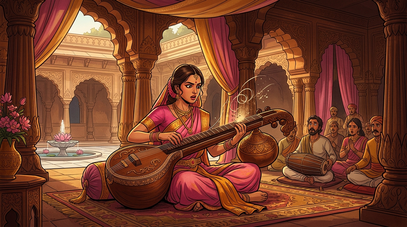 At the highest emotional peak of the raga, the highest silk string of the veena snaps with a sharp ping