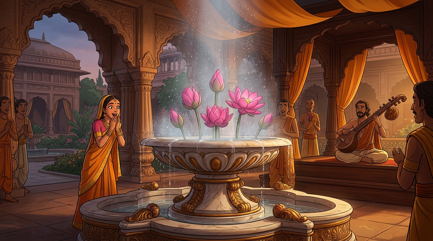 Closed lotus buds in the marble fountains open in full bloom, and a cool fragrant mist showers