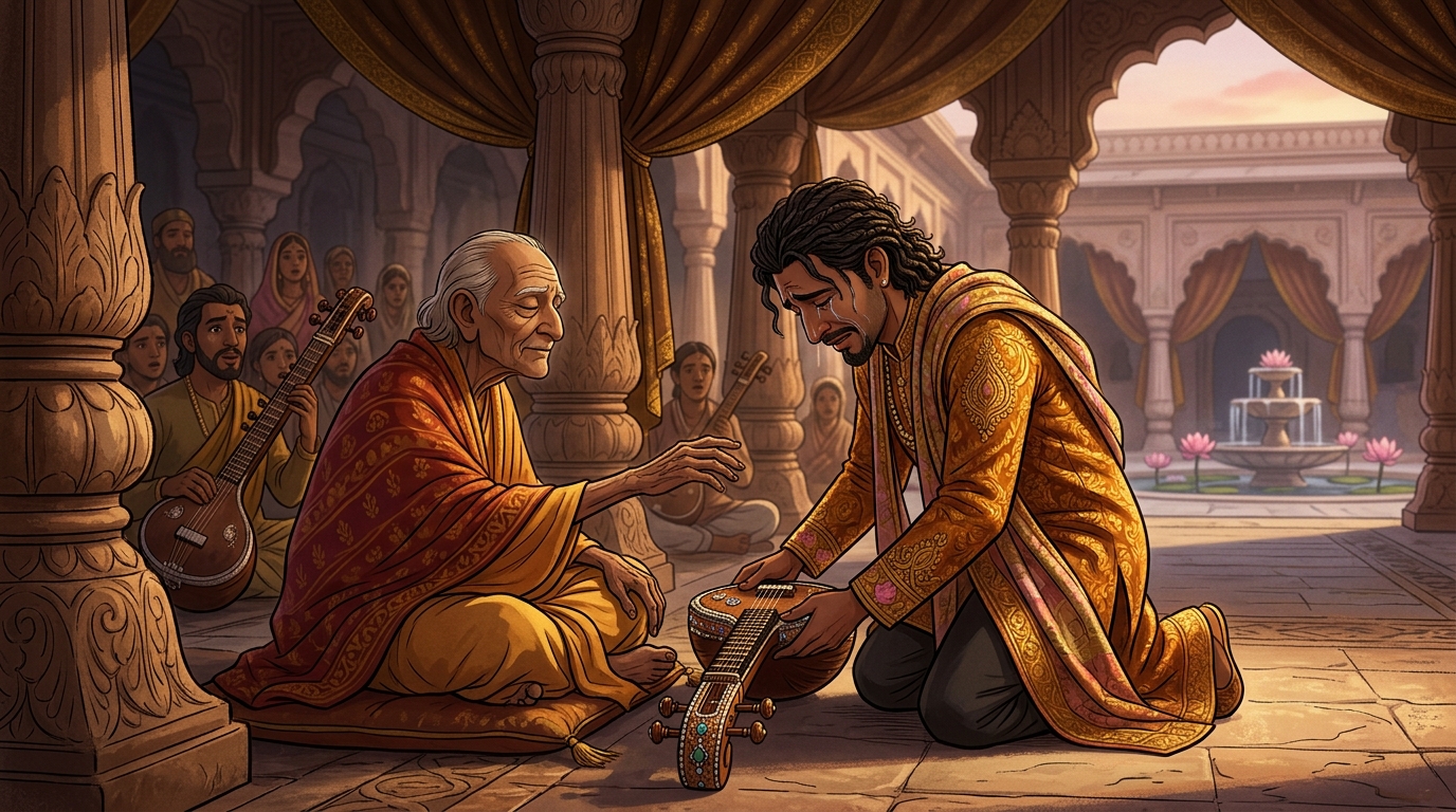 Pandit Svaranidhi drops to his knees in tears, placing his golden veena at the blind master's feet