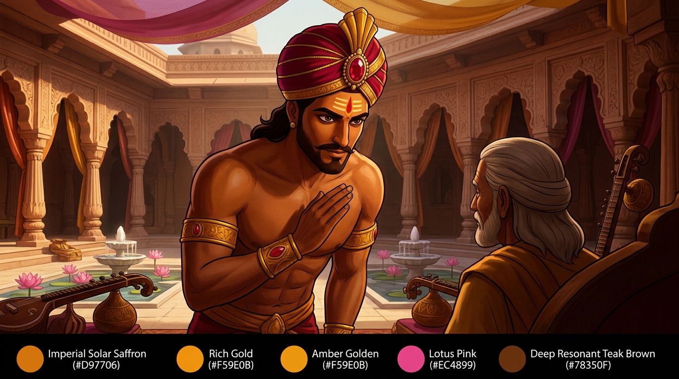 Vikramaditya rises from his throne, bowing his crowned head before the blind master