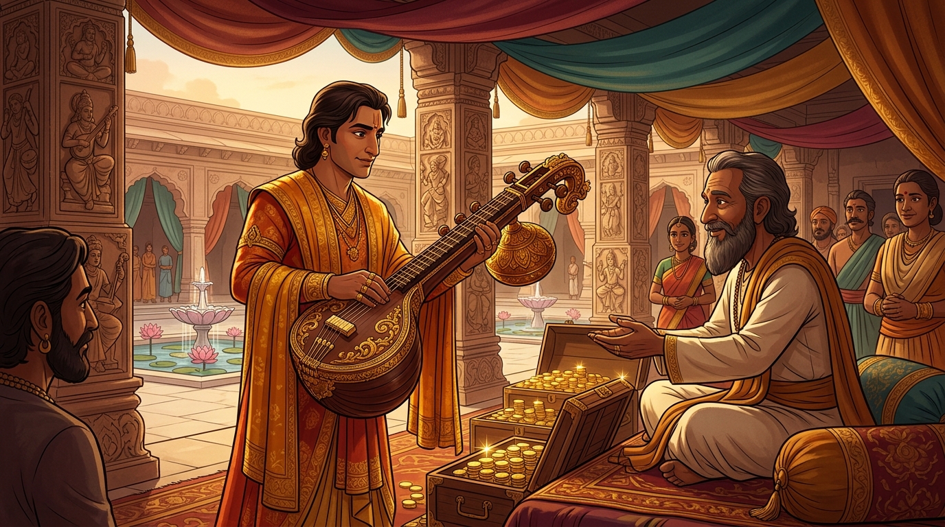Vikramaditya presents the master with the royal golden Rudra Veena and ten thousand gold dinars