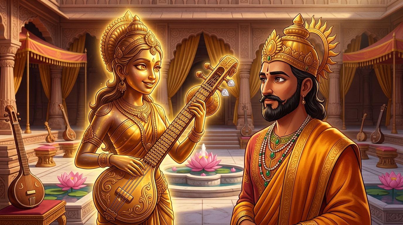 Back in Dharanagari palace, Dhwanimati looks directly at King Bhoja with glowing amber eyes