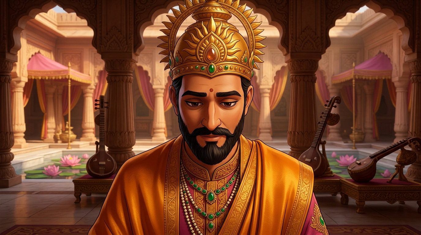 King Bhoja lowers his head in deep humility and introspection, acknowledging Vikramaditya's discernment