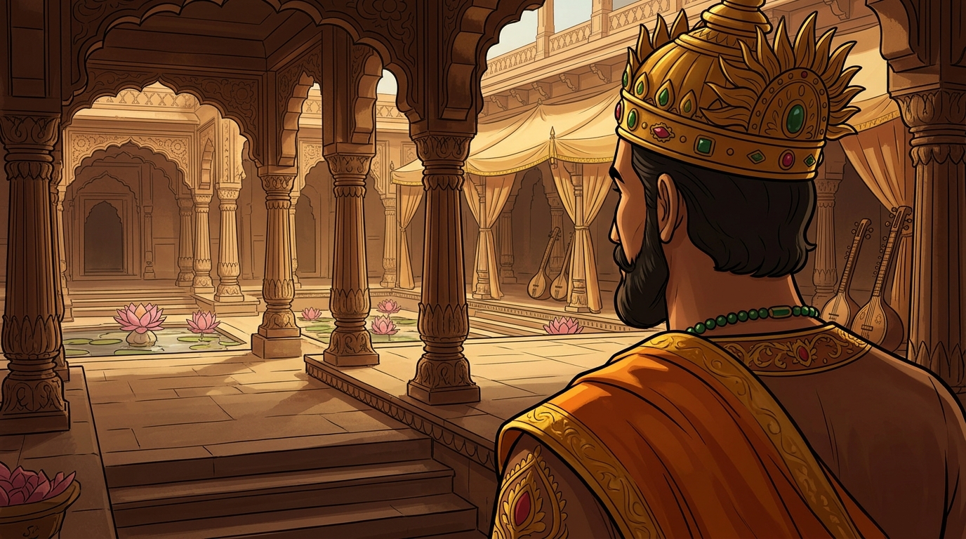 King Bhoja steps down from the twenty-sixth step, ordering classical music gurukuls established