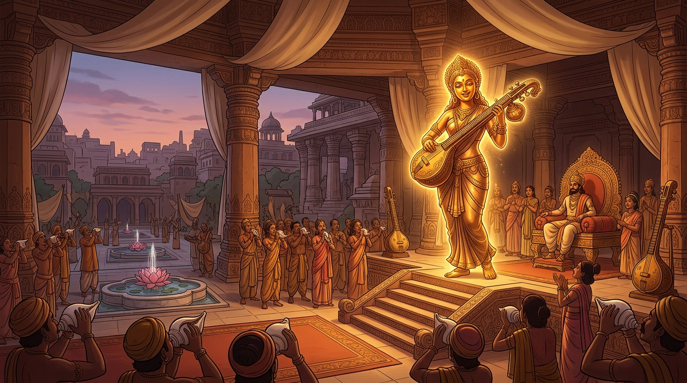 Twilight conches echo across Dharanagari as Dhwanimati smiles and freezes back into silent bronze