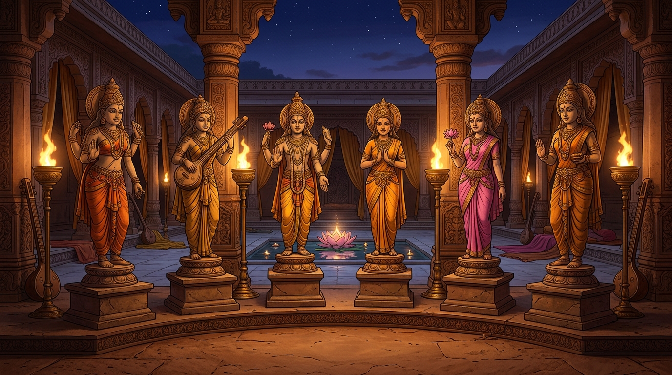 The remaining six celestial statues gleam in the evening torchlight