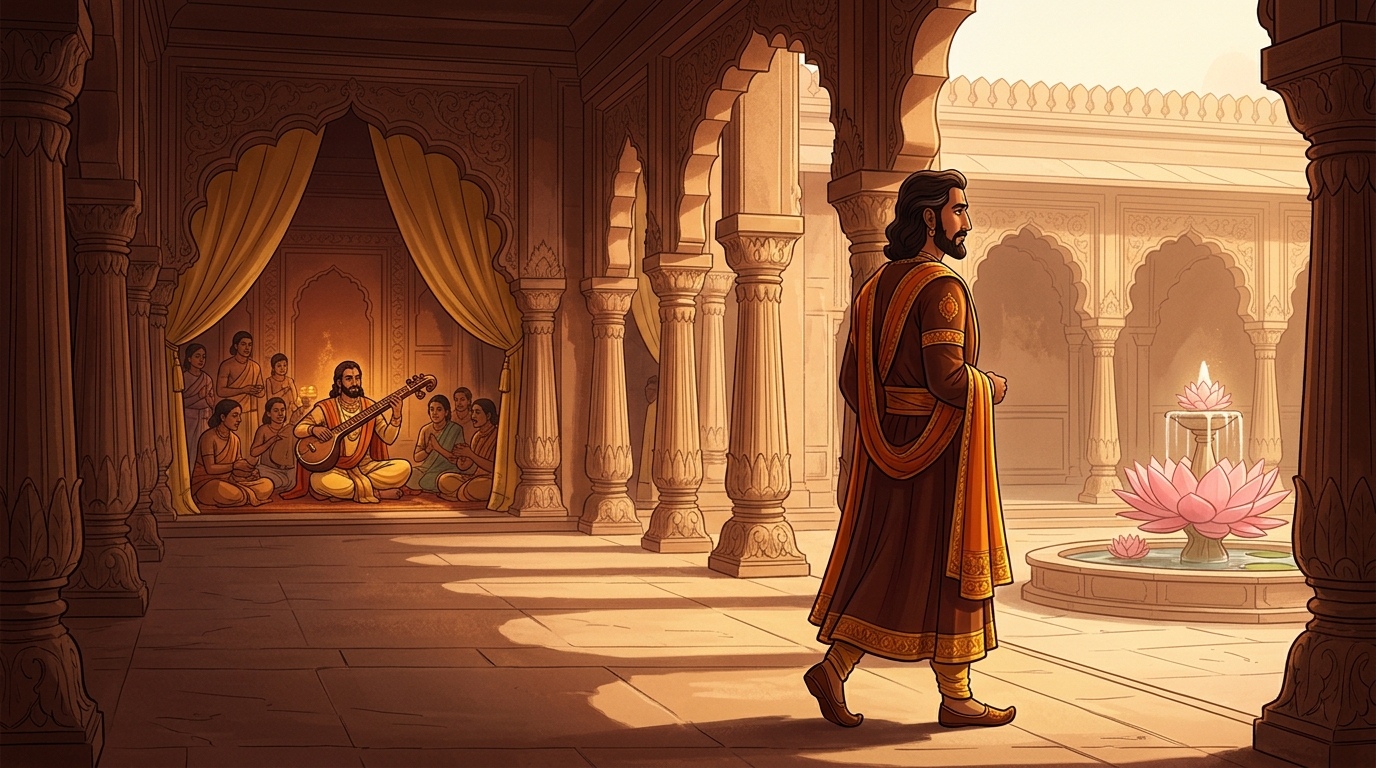 King Bhoja departs the throne hall in quiet contemplation, inspired by Vikramaditya's music-discernment