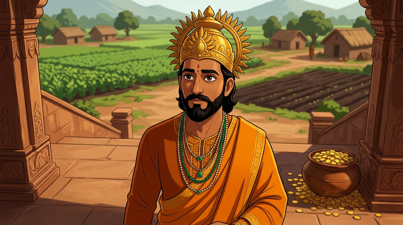 King Bhoja in sacred saffron silks approaches the twenty-seventh step of the throne
