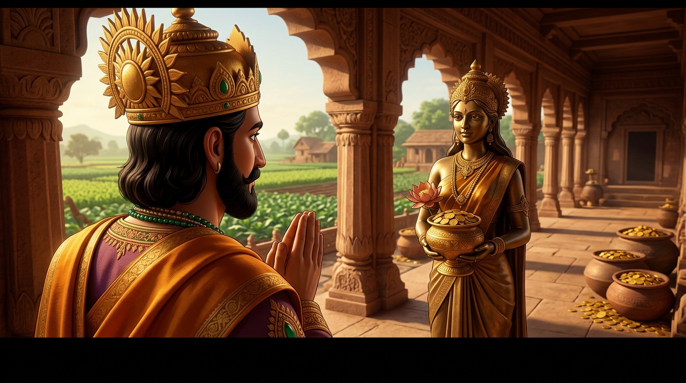 King Bhoja halts in deep reverence with folded hands, gazing at the living bronze maiden