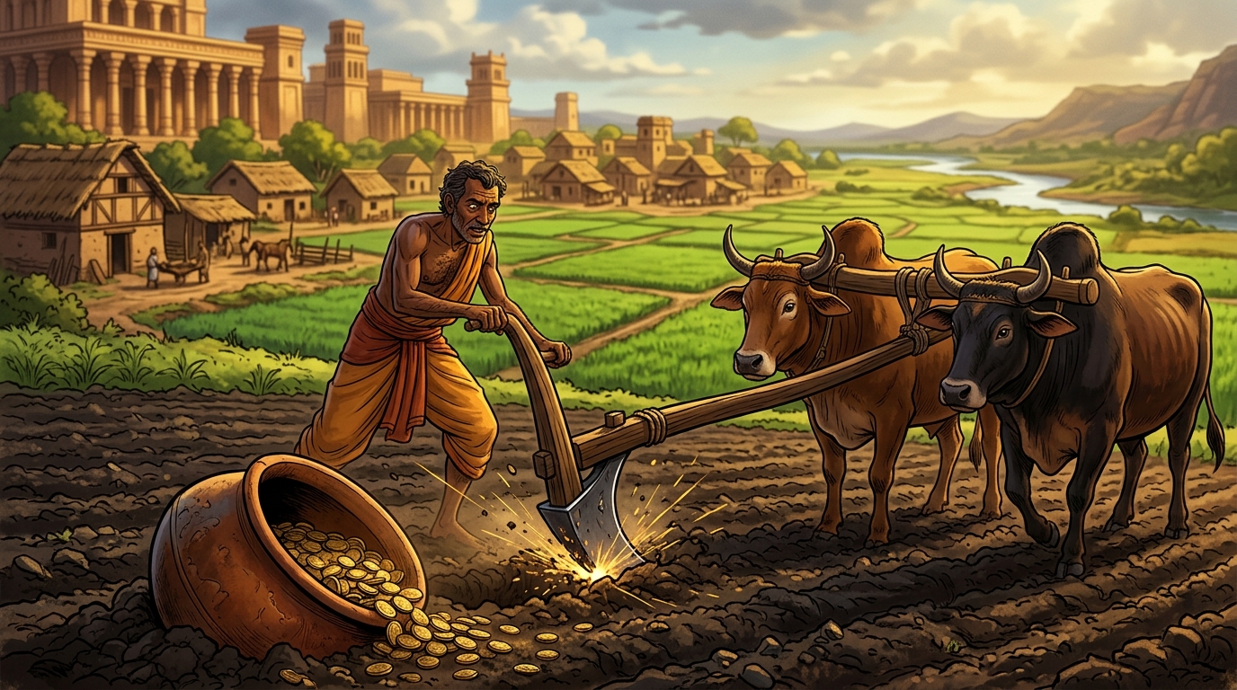 The iron plowshare strikes a hard object beneath a furrow with a sharp metallic clatter