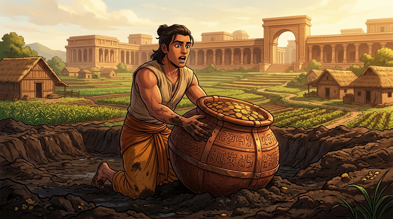 Somadatta digs into the black loam with his bare hands, pulling out a massive ancient cauldron