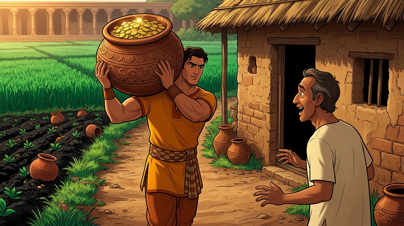 Somadatta carries the heavy cauldron directly to Haridatta's cottage