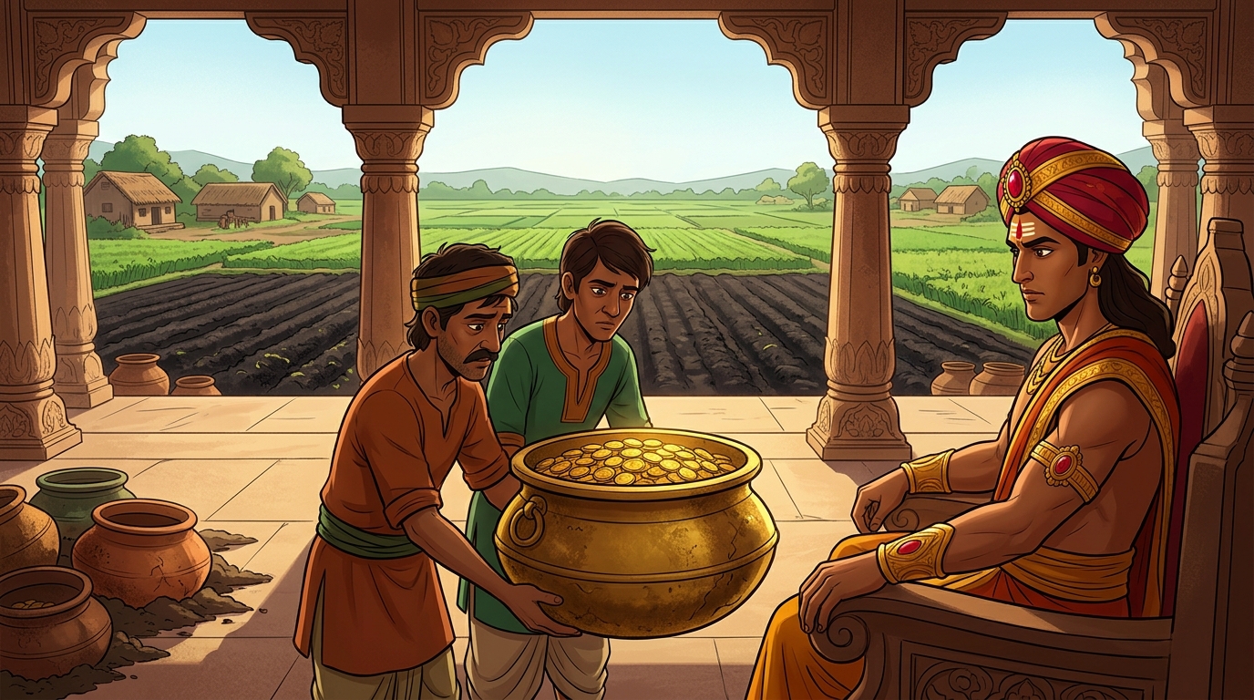 In the grand audience hall of Ujjayini, the two peasants present the heavy golden cauldron