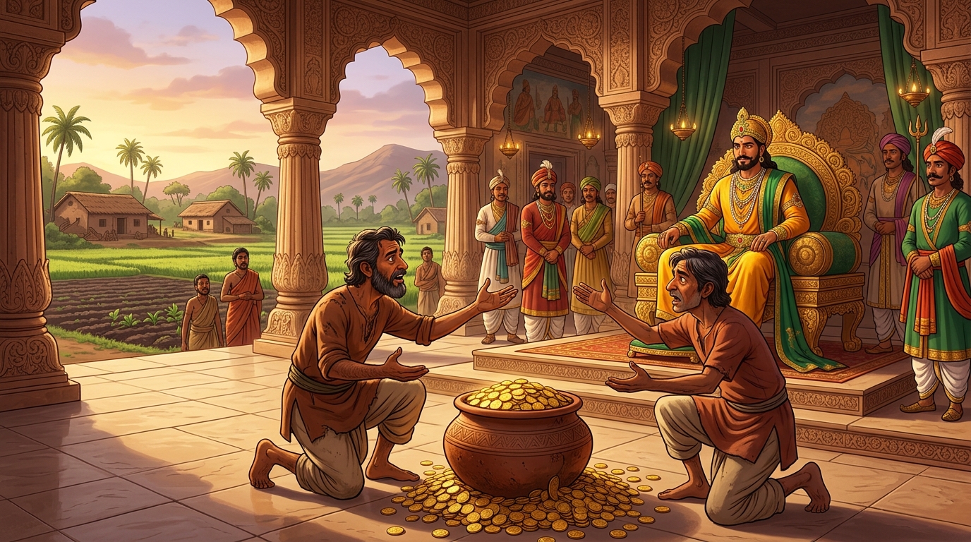 Both peasants kneel before the throne, each pleading with the Emperor to award gold to the other