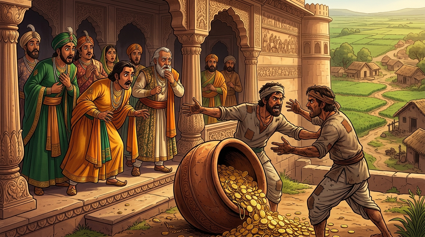 Ministers and nobles look on in utter amazement at two poor peasants fighting to surrender gold