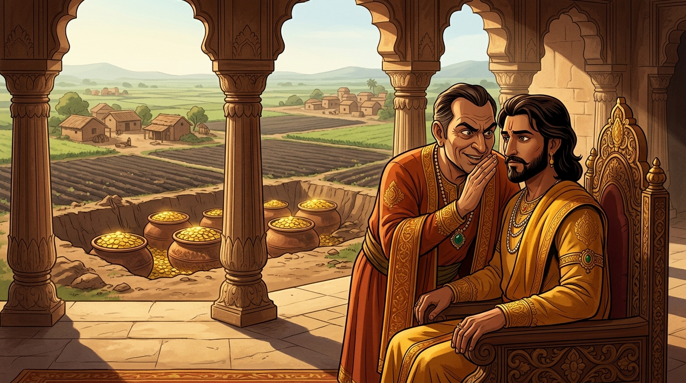 The royal treasurer whispers to Vikramaditya: 'Treasure without an heir belongs to the crown!'