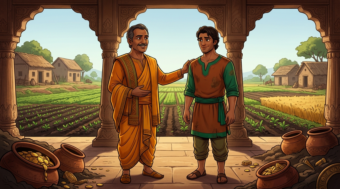 Somadatta reveals he has an industrious, noble 20yo farmer son named Vasudeva