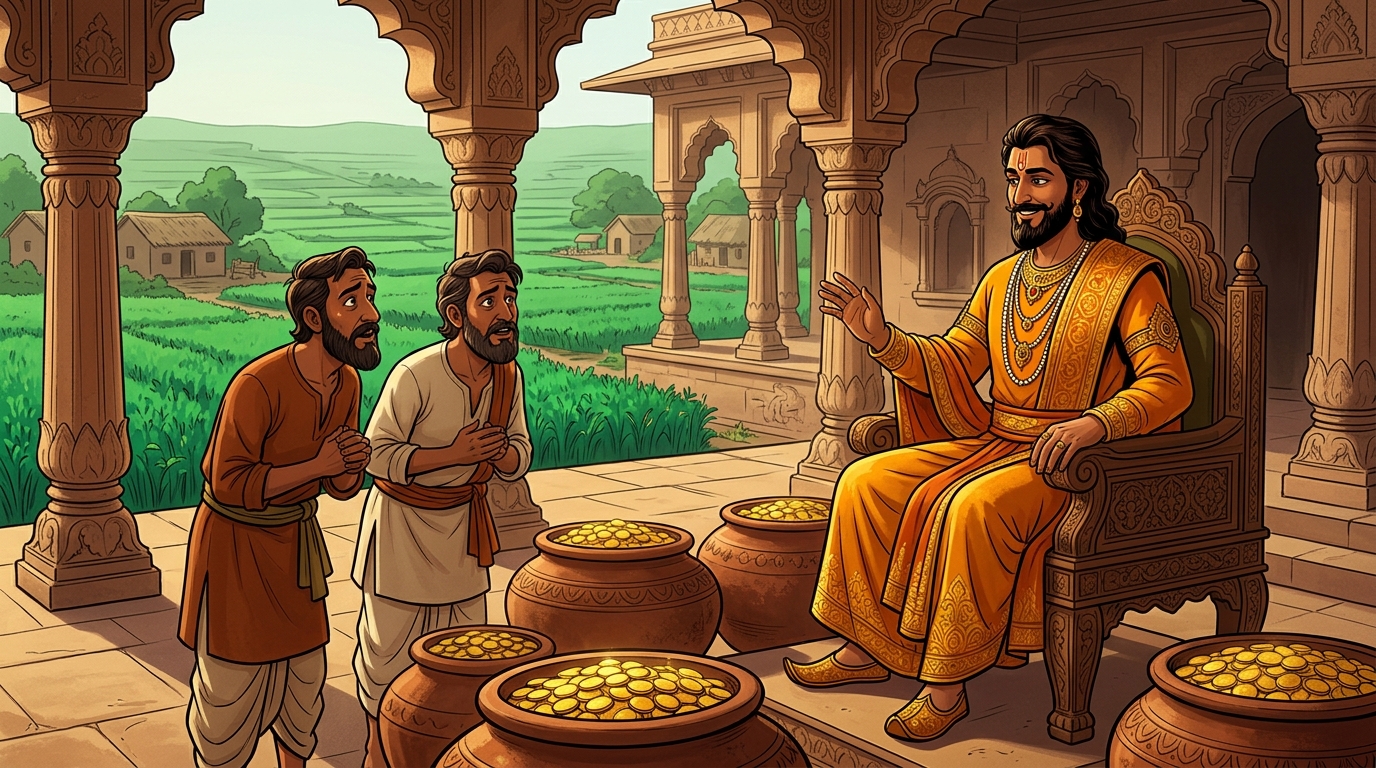 Vikramaditya smiles with brilliant wisdom: 'Let the gold unite these two honest families in marriage!'