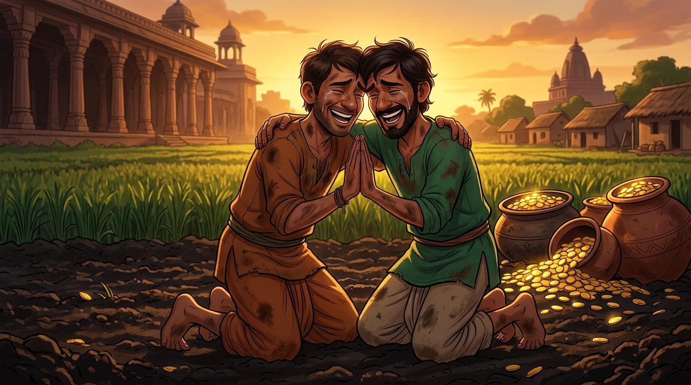 Both peasants fall to their knees in tears of joy, embracing each other as future kinsmen